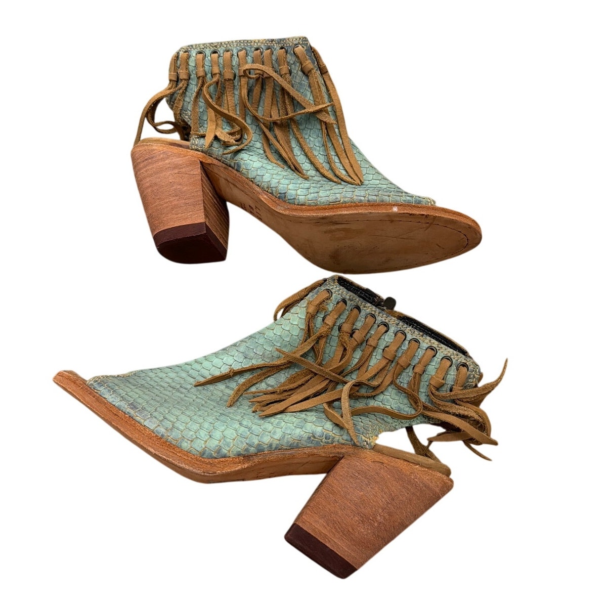 Liberty Black Turquoise Crackle Leather "Chita" Fringe Booties Size 9.5 New